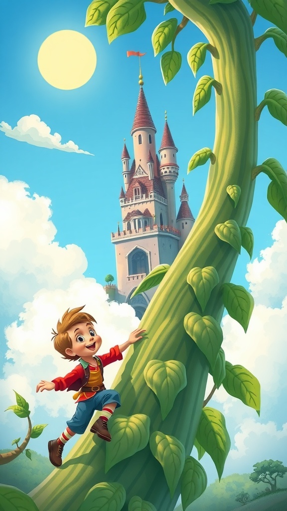 Jack climbing a towering beanstalk towards a giant